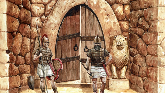 Illustration: Zwei Wachen am Eingangstor von Hattusa | Bildquelle: mauritius images/lunstream Illustration: Zwei Wachen am Eingangstor von Hattusa