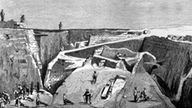 Ausgrabungen 1870-1882 unter Heinrich Schliemann. Holzstich aus: Heinrich Schliemann: Ilios, Stadt und Land der Trojaner, Leipzig 1881
