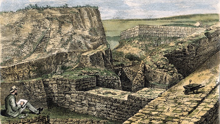 Zecihnung: Ausgrabungen in Troja zu Schliemanns Zeiten