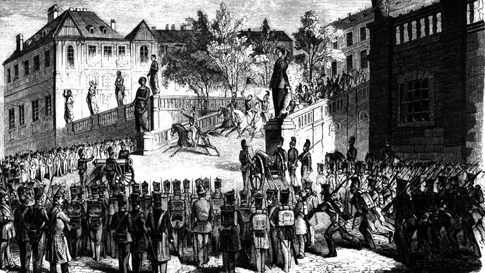 Revolutionäre 1848/49 vor dem Rastatter Schloss.