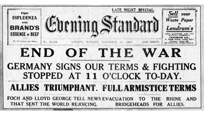 Titelblatt einer englischen Zeitung, auf der das Ende des Ersten Weltkriegs verkündet wird.