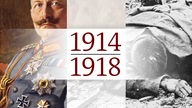 Grafik mit Porträt von Wilhelm II. und einem totem Soldaten des 1. Weltkriegs, daziwschen die Jahreszahlen 1914 und 1918.