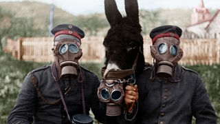 schwarz-weiß Bild zweier Soldaten mit Maultier, alle tragen Gasmasken.