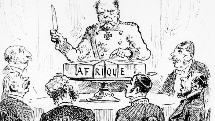 Zeichnung: Bismarck schneidet in einer Runde von Diplomaten einen Kuchen an, auf dem "Afrique" (Afrika) steht.
