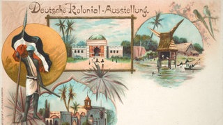 Postkarte zur Eröffnung der Deutschen Kolonial-Ausstellung 1896 mit orientalischen Gebäuden und einem dunkelhäutigen Krieger