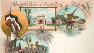 Postkarte zur Eröffnung der Deutschen Kolonial-Ausstellung 1896 mit orientalischen Gebäuden und einem dunkelhäutigen Krieger