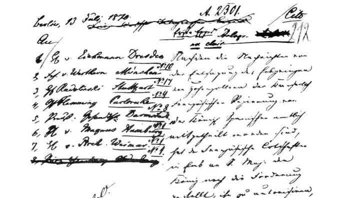 Ausschnitt des handschriftlichen Dokuments der Emser Depesche | Bildquelle: wikipedia: gemeinfrei Ausschnitt des handschriftlichen Dokuments der Emser Depesche