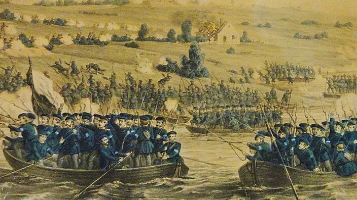 Gemälde: Preußische Soldaten erstürmen 1864 die dänische Insel Alsen. | Bildquelle: wikipedia: gemeinfrei Gemälde: Preußische Soldaten erstürmen 1864 die dänische Insel Alsen.