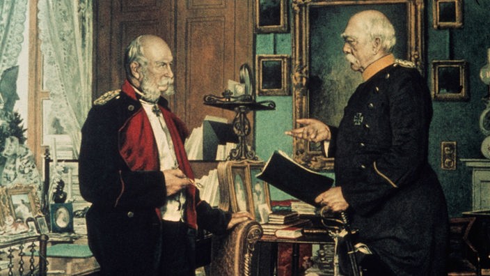 Bismarck (rechts) bei Kaiser Wilhelm I. (links) im historischen Eckzimmer des Königlichen Palais