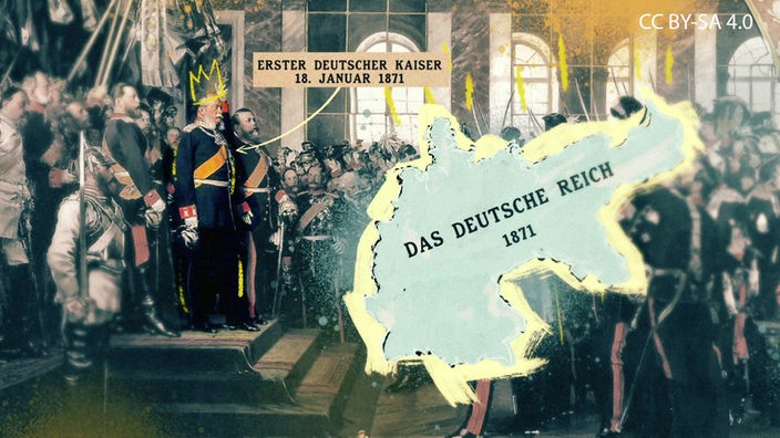 Wilhelm I. wird in Versailles zum ersten deutschen Kaiser ausgerufen, daneben eine Zeichnung der Grenzen des Deutschen Reichs