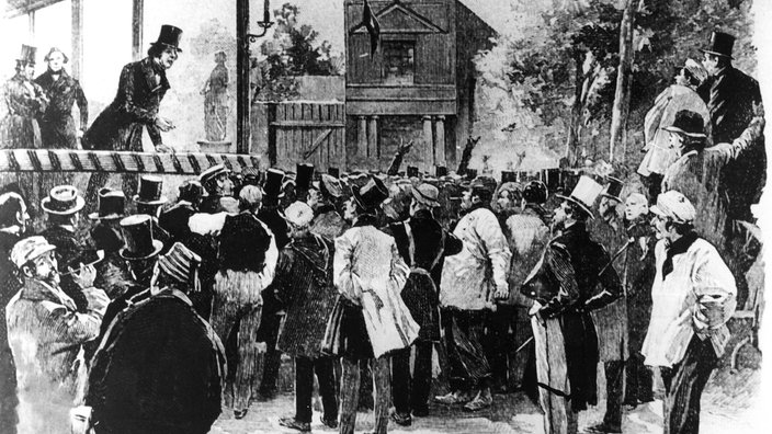 Wahlversammlung des Berliner Politischen Clubs in Zelten (1848) | Bildquelle: picture alliance / ullstein bild / Gircke Wahlversammlung des Berliner Politischen Clubs in Zelten (1848)