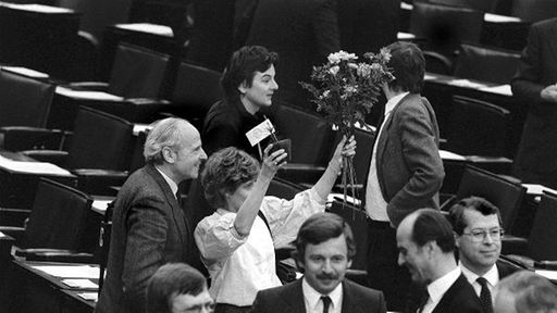 Acht Menschen stehen verteilt zwischen den Sitzreihen des Bundestages, gerade ist die konstituierende Sitzung zu Ende gegangen. Petra Kelly trägt eine weiße Bluse und hält Blumen in die Höhe, ihr Freund Gert Bastian steht lächelnd dahinter. Im Hintergrund ist Joschka Fischer zu erkennen, im Vordergrund Jürgen W. Möllemann von der FDP, der sich mit Parteikollegen unterhält.