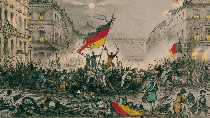 Farbiger Stich:  Straßenkämpfe in Berlin am 18./19.  März 1848