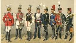 Lithografie: Uniformen der preußischen Garde-Kavallerie Ende des 19. Jahrhunderts