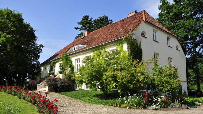 Die Auffahrt eines renovierten, sehr schönen Gutshofes in Sorkwity in Masuren ist mit Rosen gesäumt.