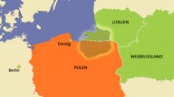 Auf der Karte sind die ehemaligen Gebiete Ostpreußens in den Grenzen vor 1945 zu sehen.