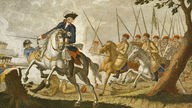 Farbiger Stich: Friedrich II. in Uniform auf einem Pferd. Dahinter berittene Soldaten.