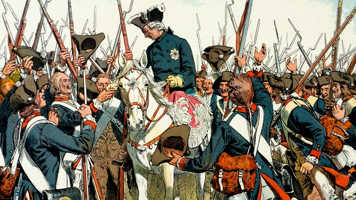 Gemälde: König Friedrich II. vor einer Reihe Soldaten.