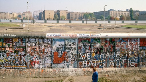 1980er: Ein Mann läuft auf der Westseite der Berliner Mauer entlang, dahinter sieht man den Todesstreifen und hinter einer weiteren Mauer einige Gebäude in Ost-Berlin