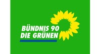 In weißen Buchstaben steht Bündnis90/Die Grünen auf grünem Grund. Darunter ein blauer Strich, daneben die gelben Blütenblätter einer Sonnenblume.