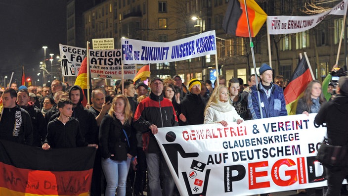 Demonstranten mit Pegida-Banner laufen auf die Kamera zu. | Bildquelle: dpa/Matthias Hiekel Demonstranten mit Pegida-Banner laufen auf die Kamera zu.