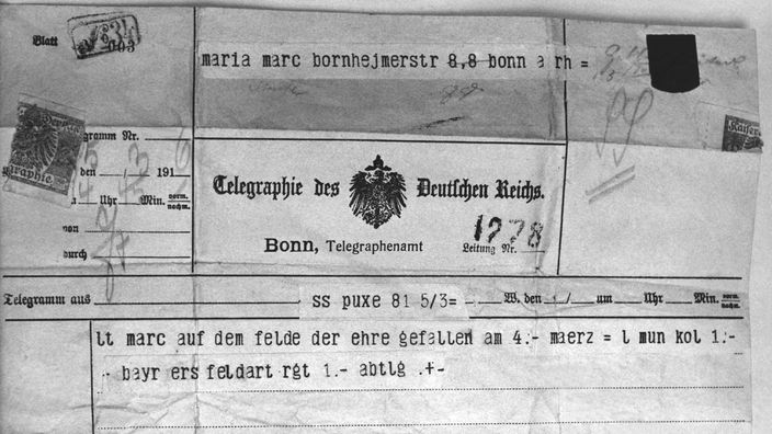 Das Telegramm mit der Nachricht vom Soldatentod des deutschen Malers Franz Marc