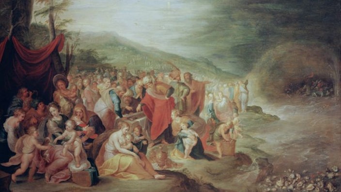 Gemälde, das Moses zeigt, wie er das Volk Israel aus Ägypten führt.