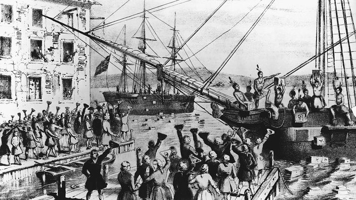 Historische Zeichnung der "Boston Tea Party"