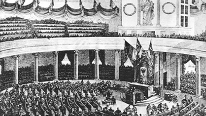 Zeichnung: Die erste Sitzung der Nationalversammlung am 18.05.1848 in der Frankfurter Paulskirche