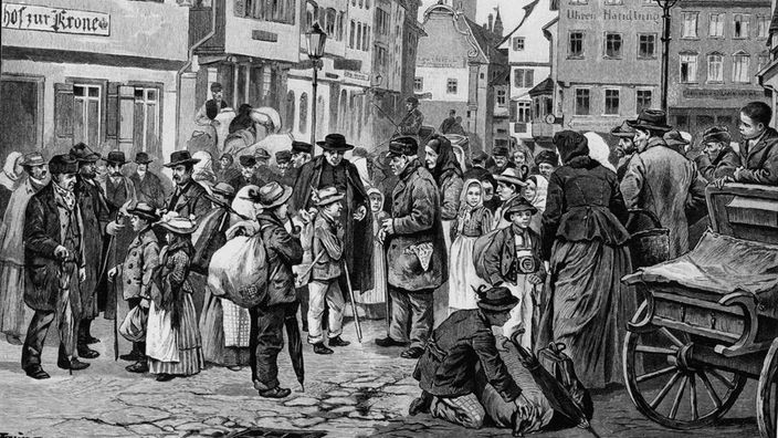 Historische Zeichnung: Das Vermieten der Tiroler Schwabenkinder in Ravensburg