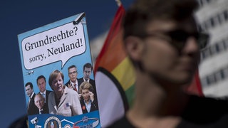 Demoplakat und Demonstrant gegen die Online Überwachung.