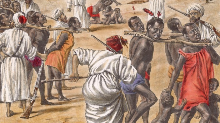 Gemälde: Arabische Sklavenhändler überfallen ein Dorf in Schwarzafrika
