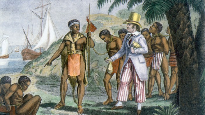 Radierung um 1820: Ein afrikanischer Stammesfürst verkauft einem weißen Sklavenhändler eine Gruppe gefangener schwarzer Sklaven.