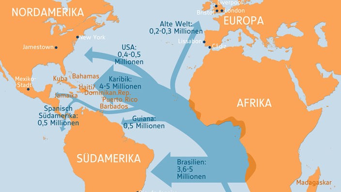 Karte, die das Ausmaß der Sklavenverschleppung auf den amerikanischen Kontinent zeigt.