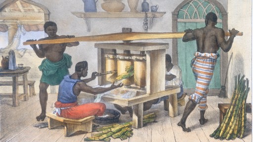 Zeichnung um 1834: Drei schwarze Sklaven treiben eine Zuckerrohrmühle an und walzen damit Zuckerrohr.