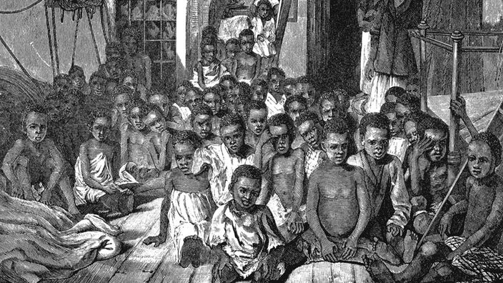 Zeichnung: Afrikanische Kinder an Bord eines Sklavenschiffes