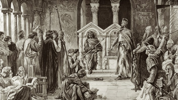Der historische Stich zeigt Heinrich III. - er fordert  in Ivois König Heinrich I. von Frankreich zum Zweikampf auf, um die Zugehörigkeit Lothringens zum Reich zu bestätigen.