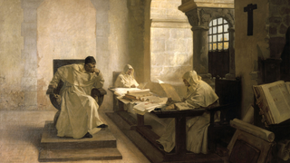 Ölgemälde von drei Inquisitoren bei der Beratung
