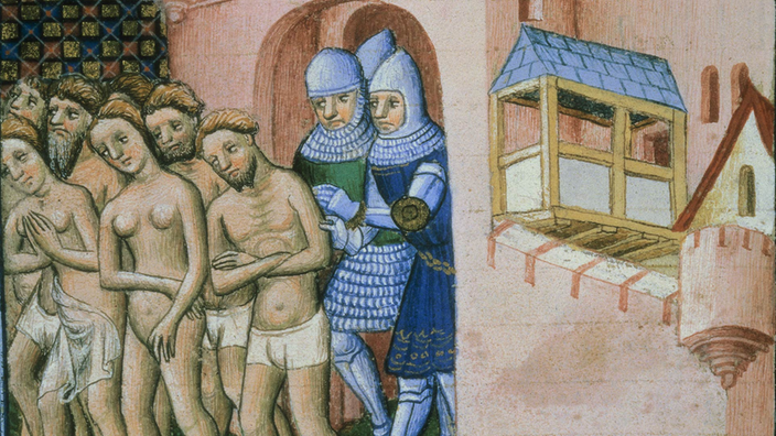 Französische Buchmalerei aus dem 14.Jahrhundert: Vertreibung der Katharer aus Carcassonne durch die Kreuzritter