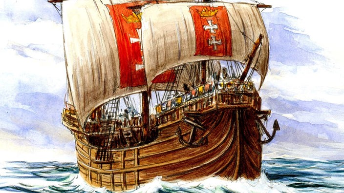 Gemälde: Eine Kogge mit Besatzung auf See
