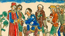 Bauern bei der Ablieferung ihrer Abgaben (Holzschnitt von 1479)