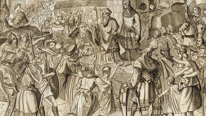 Gemälde: Otto I. wird zum Kaiser gekrönt. Die Menschen um ihn herum jubeln ihm zu.
