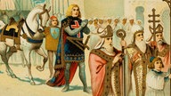 Isabelle, Königin von England, wird 1313 von ihrem Bruder Karl IV in Paris empfangen. Bild von ca 1470