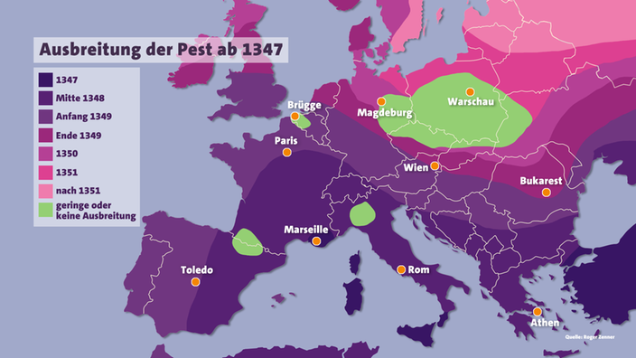 Europakarte mit Teilen des asiatischen Raumes, auf der in Farben die Ausbreitung der Pest ab 1347 eingetragen ist. | Bildquelle: SWR/Roger Zenner Europakarte mit Teilen des asiatischen Raumes, auf der in Farben die Ausbreitung der Pest ab 1347 eingetragen ist.