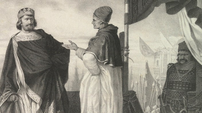 Papst Johannes (Bildmitte) und der deutsche König Sigismund (links), der 1433 zum Kaiser gekrönt wurde