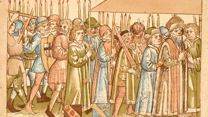 Die alte Zeichnung aus dem 15. Jahrhundert zeigt die Prozession König Sigismunds zum Münster in Konstanz