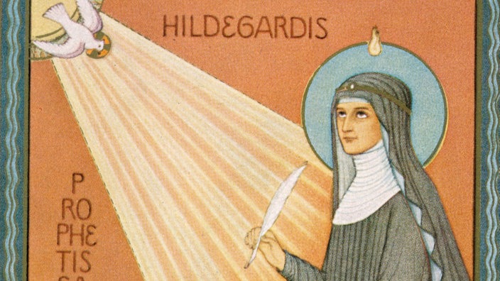 Eine Bildpostkarte zeigt Hildegard von Bingen mit einem Heiligenschein und Feder und Papier in der Hand. | Bildquelle: akg-images Eine Bildpostkarte zeigt Hildegard von Bingen mit einem Heiligenschein und Feder und Papier in der Hand.