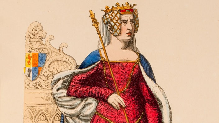 Philippa von Hennegau, Königin von England, steht mit Zepter und Krone vor einem Thron.