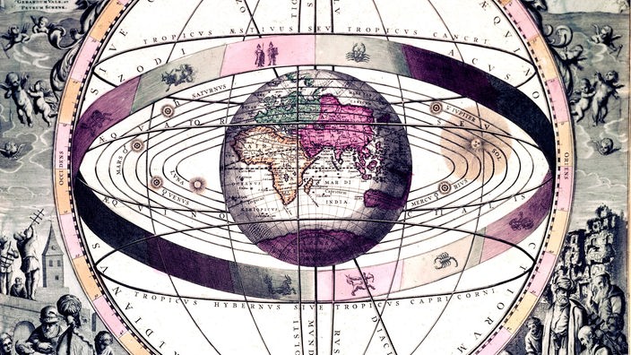 Kupferstich: Die Erde im Mittelpunkt eines Planetensystems.
