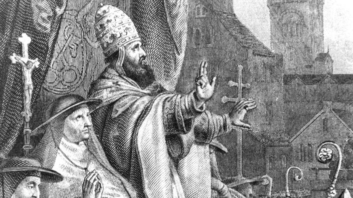 Stahlstich um 1800: Papst Urban II. ruft am 27. November 1095 auf der Synode von Clermont zum Kreuzzug auf.